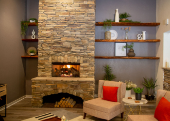 fireplace with seating in lounge
