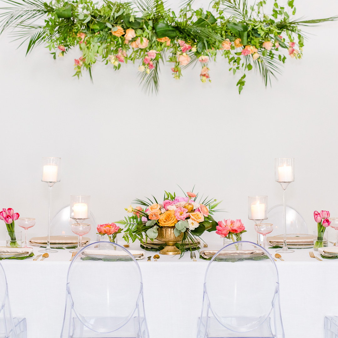 bright modern head table at south haven creations venue