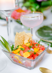salsa and chips in glass dish