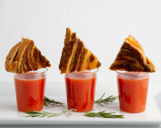 Food catering - tomato soup shooter with grilled cheese